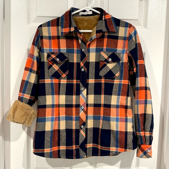 Boys Plaid Flannel Fleece Jacket Sz XXL Button Up Warm Collar Blue Tan Orange - Picture 4 of 11